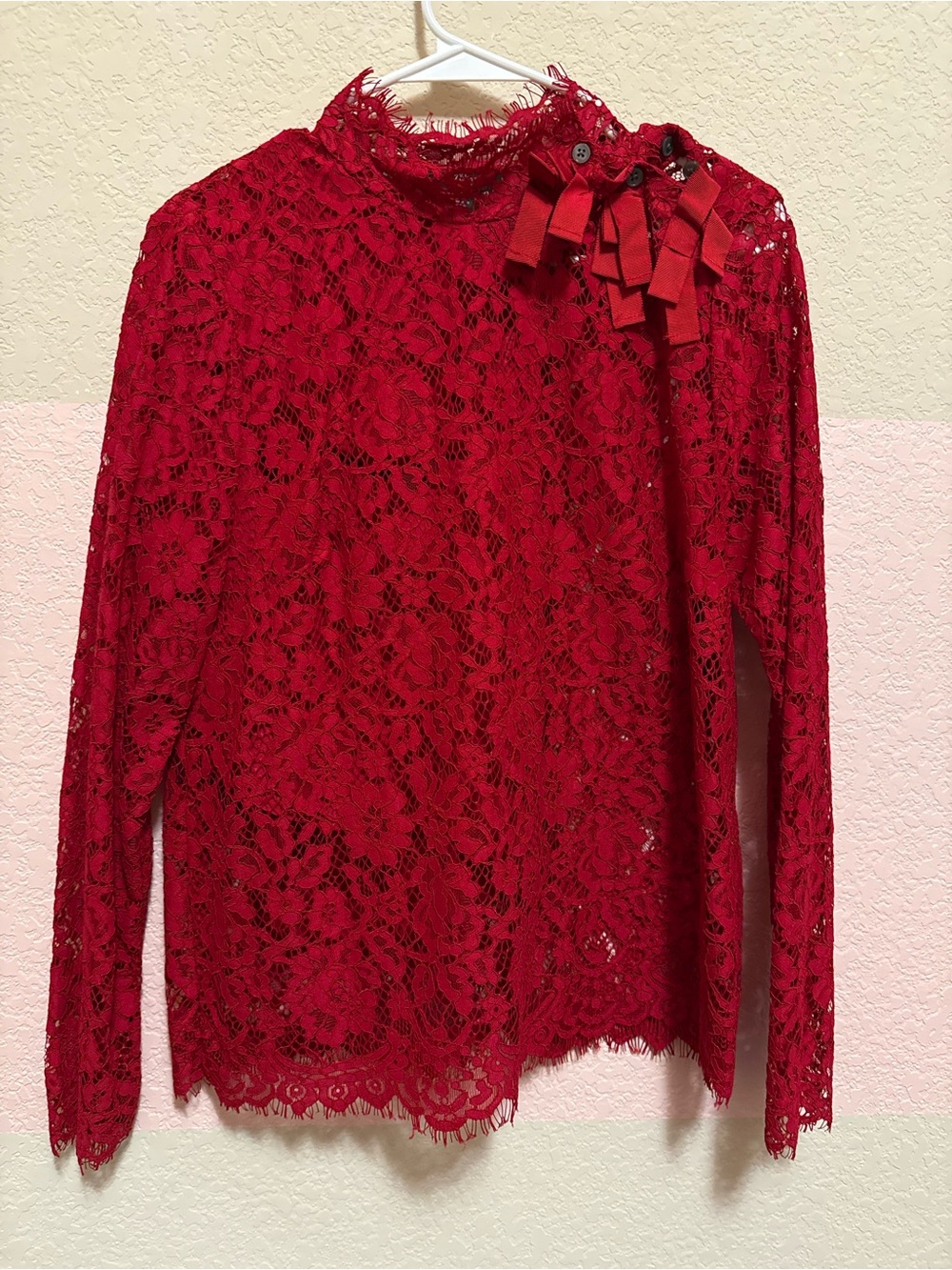 J.CREW Red Lace Long-Sleeve Mock Neck Top